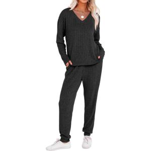 imageANRABESS Womens 2 Piece Lounge Pajama Sets Casual Ribbed Knit V Neck Long Sleeve Jogger Pants Matching Set 2025 Fall OutfitsBlack