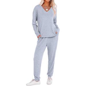 imageANRABESS Womens 2 Piece Lounge Pajama Sets Casual Ribbed Knit V Neck Long Sleeve Jogger Pants Matching Set 2025 Fall OutfitsBlue