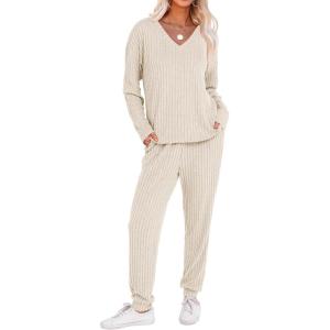 imageANRABESS Womens 2 Piece Lounge Pajama Sets Casual Ribbed Knit V Neck Long Sleeve Jogger Pants Matching Set 2025 Fall OutfitsLight Khaki