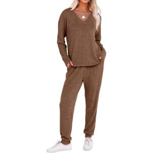imageANRABESS Womens 2 Piece Lounge Pajama Sets Casual Ribbed Knit V Neck Long Sleeve Jogger Pants Matching Set 2025 Fall OutfitsTan