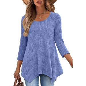 imageANRABESS Womens 34 Sleeve Flowy Tunic Tops Crew Neck Ribbed Loose Fit Side Slit Shirts Casual Blouses 2025 Fall ClothesBlue