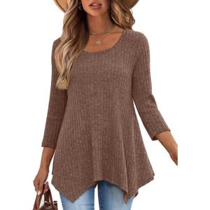 imageANRABESS Womens 34 Sleeve Flowy Tunic Tops Crew Neck Ribbed Loose Fit Side Slit Shirts Casual Blouses 2025 Fall ClothesDark Brown