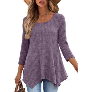 imageANRABESS Womens 34 Sleeve Flowy Tunic Tops Crew Neck Ribbed Loose Fit Side Slit Shirts Casual Blouses 2025 Fall ClothesPurple