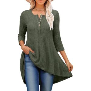 imageANRABESS Womens 34 Sleeve Long Tunic Tops for Leggings High Low Henley Shirts Dressy Casual Loose Blouses 2025 Fall FashionDeep Green