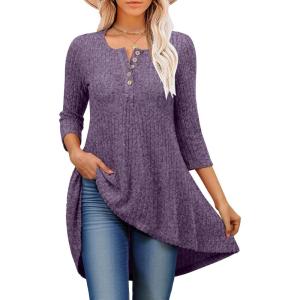 imageANRABESS Womens 34 Sleeve Long Tunic Tops for Leggings High Low Henley Shirts Dressy Casual Loose Blouses 2025 Fall FashionPurple
