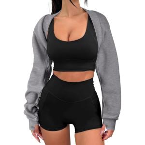 imageANRABESS Womens Cropped Sweatshirt Long Sleeve Bolero Cardigan Open Front Shrug Workout Thumb Hole Y2K Tops Preppy ClothesDeep Grey