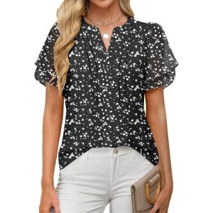 imageANRABESS Womens Dressy Chiffon Blouses V Neck Petal Short Sleeve Shirts 2025 Summer Casual Business Office Work TopsBlack Floral