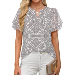 imageANRABESS Womens Dressy Chiffon Blouses V Neck Petal Short Sleeve Shirts 2025 Summer Casual Business Office Work TopsKhaki White Dot