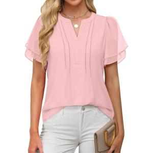 imageANRABESS Womens Dressy Chiffon Blouses V Neck Petal Short Sleeve Shirts 2025 Summer Casual Business Office Work TopsPink