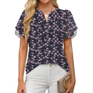 imageANRABESS Womens Dressy Chiffon Blouses V Neck Petal Short Sleeve Shirts 2025 Summer Casual Business Office Work TopsPurple Floral