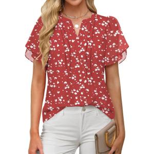 imageANRABESS Womens Dressy Chiffon Blouses V Neck Petal Short Sleeve Shirts 2025 Summer Casual Business Office Work TopsRed Floral
