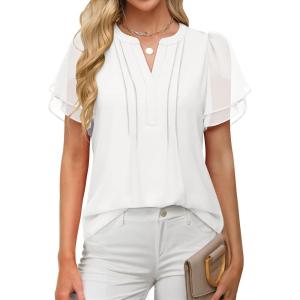 imageANRABESS Womens Dressy Chiffon Blouses V Neck Petal Short Sleeve Shirts 2025 Summer Casual Business Office Work TopsWhite
