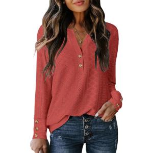 imageANRABESS Womens Eyelet Tops Long Sleeve Henley Shirts Business Dressy Casual Blouse Vacation TShirt 2025 Fall OutfitsBurnt Orange