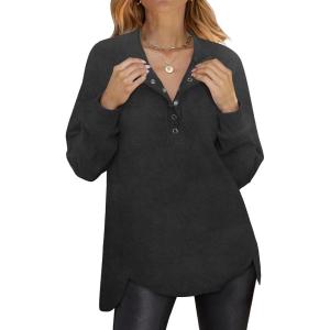 imageANRABESS Womens Long Sleeve Henley Tops Tunic Sweatshirt Loose Slit Casual Button Shirts Pullover 2025 Fall Winter OutfitsDeep Grey