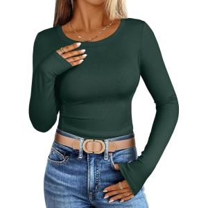 imageANRABESS Womens Long Sleeve Shirts Crewneck Curved Hem Rib Knit Slim Fit Basic Y2K Tops 2025 Fall Outfits Casual Work TeesDark Green