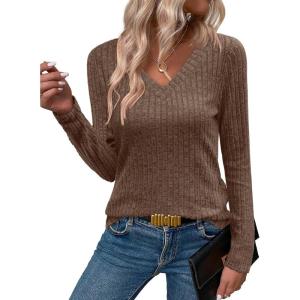 imageANRABESS Womens Long Sleeve Shirts V Neck Lightweight Sweater Tops 2025 Fall Dressy Casual Work Tunic BlouseBrown