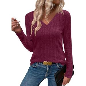 imageANRABESS Womens Long Sleeve Shirts V Neck Lightweight Sweater Tops 2025 Fall Dressy Casual Work Tunic BlouseBurgundy