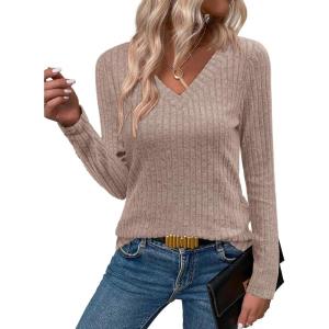 imageANRABESS Womens Long Sleeve Shirts V Neck Lightweight Sweater Tops 2025 Fall Dressy Casual Work Tunic BlouseTan