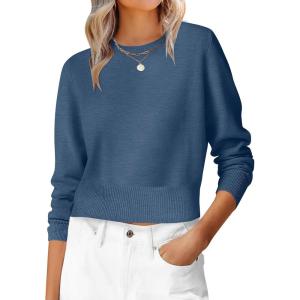 imageANRABESS Womens Long Sleeve Sweaters Cropped Crew Neck Business Casual Light Weight Sweater Tops Fall Fashion Clothes 2025Deep Blue
