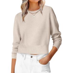 imageANRABESS Womens Long Sleeve Sweaters Cropped Crew Neck Business Casual Light Weight Sweater Tops Fall Fashion Clothes 2025Light Almond