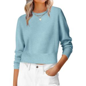 imageANRABESS Womens Long Sleeve Sweaters Cropped Crew Neck Business Casual Light Weight Sweater Tops Fall Fashion Clothes 2025Light Blue