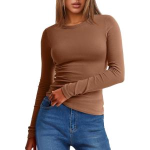 imageANRABESS Womens Long Sleeve Thermal Shirts Slim Fit Basic Tee Tops Warm Fleece Undershirts 2025 Fall Winter Layer OutfitsCaramel