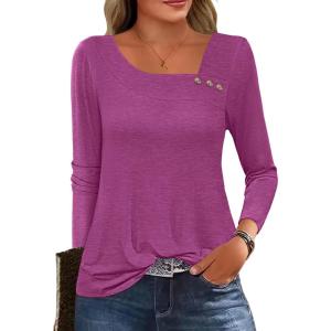 imageANRABESS Womens Long Sleeve Tops Asymmetrical Buttons Neck Tunic Shirts Dressy Casual Blouse 2025 Fall OutfitsFuchsia
