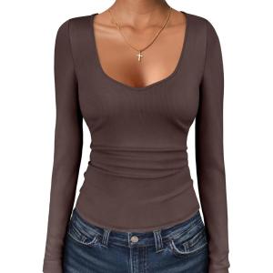 imageANRABESS Womens Long Sleeve Tops Sweetheart Neck Ribbed Knit Slim Fitted Shirts Basic Layer Tees 2025 Fall OutfitsCoffee