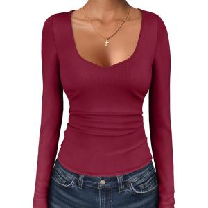 imageANRABESS Womens Long Sleeve Tops Sweetheart Neck Ribbed Knit Slim Fitted Shirts Basic Layer Tees 2025 Fall OutfitsWine Red