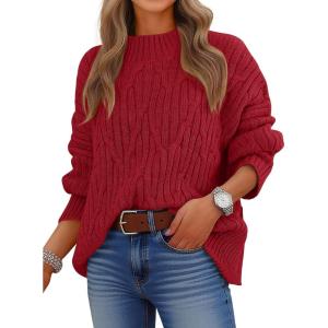 imageANRABESS Womens Mock Turtle Neck Sweaters Cable Knit Long Sleeve 2025 Fall Winter Tunic SweaterRed