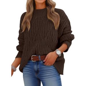 imageANRABESS Womens Mock Turtle Neck Sweaters Cable Knit Long Sleeve 2025 Fall Winter Tunic SweaterRed Brown