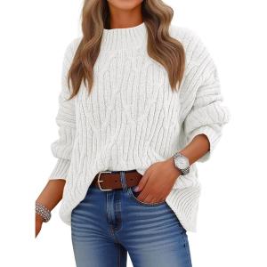 imageANRABESS Womens Mock Turtle Neck Sweaters Cable Knit Long Sleeve 2025 Fall Winter Tunic SweaterWhite
