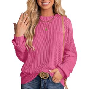 imageANRABESS Womens Oversized Long Sleeve Shirts Ribbed Knit Tunic Tops Side Spilt Casual 2025 Fall OutfitsHot Pink