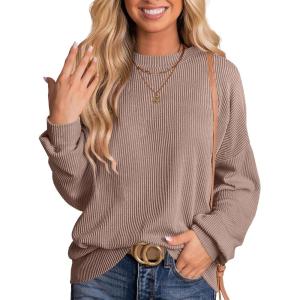imageANRABESS Womens Oversized Long Sleeve Shirts Ribbed Knit Tunic Tops Side Spilt Casual 2025 Fall OutfitsKhaki