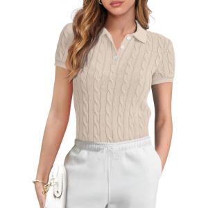 imageANRABESS Womens Short Sleeve Sweaters Tops Polo V Neck Button Cable Knit Pullover Business Shirts 2025 Summer Casual Outfits Apricot Large