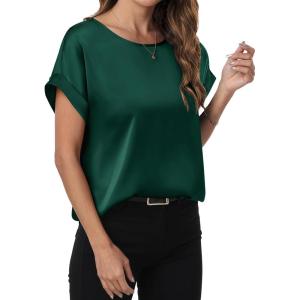 imageANRABESS Womens Summer Dressy Casual Short Sleeve Shirts Crewneck Satin 2025 Business Office Work Blouse TopsGreen