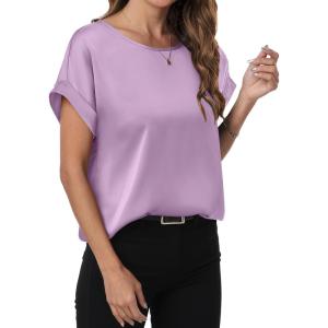 imageANRABESS Womens Summer Dressy Casual Short Sleeve Shirts Crewneck Satin 2025 Business Office Work Blouse TopsPurple