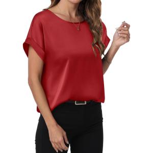 imageANRABESS Womens Summer Dressy Casual Short Sleeve Shirts Crewneck Satin 2025 Business Office Work Blouse TopsRed