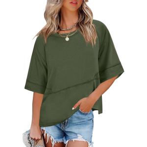 imageANRABESS Womens Tops Crewneck Half Sleeve Loose Fit T Shirts Solid Cute Flowy Shirts Summer Casual Tees 2025 Trendy OutfitsArmy Green