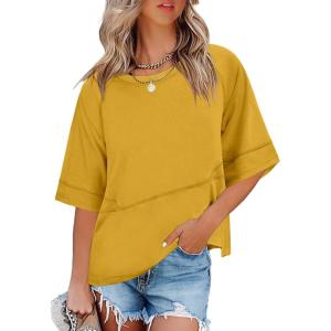 imageANRABESS Womens Tops Crewneck Half Sleeve Loose Fit T Shirts Solid Cute Flowy Shirts Summer Casual Tees 2025 Trendy OutfitsYellow