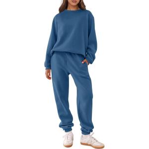 imageANRABESS Womens Two Piece Outfits Sweatsuit Lounge Set Long Sleeve Crewneck Sweatshirt Jogger Pants Tracksuit 2025 Fall SetsBlue