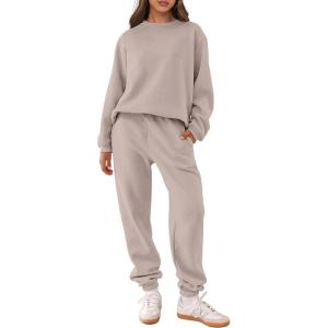imageANRABESS Womens Two Piece Outfits Sweatsuit Lounge Set Long Sleeve Crewneck Sweatshirt Jogger Pants Tracksuit 2025 Fall SetsLight Khaki