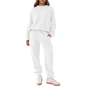imageANRABESS Womens Two Piece Outfits Sweatsuit Lounge Set Long Sleeve Crewneck Sweatshirt Jogger Pants Tracksuit 2025 Fall SetsWhite