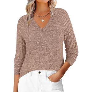 imageANRABESS Womens V Neck Ribbed Long Sleeve 2025 Fall Lightweight Soft Sweaters TopBurnt Tan
