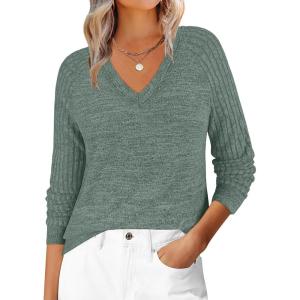imageANRABESS Womens V Neck Ribbed Long Sleeve 2025 Fall Lightweight Soft Sweaters TopDeep Green