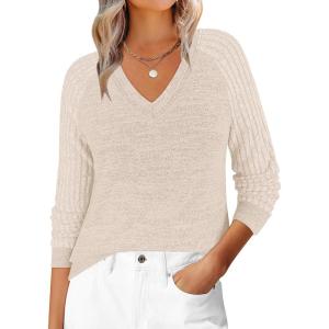 imageANRABESS Womens V Neck Ribbed Long Sleeve 2025 Fall Lightweight Soft Sweaters TopParchment