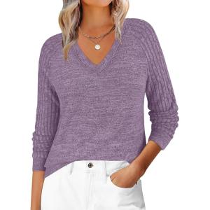 imageANRABESS Womens V Neck Ribbed Long Sleeve 2025 Fall Lightweight Soft Sweaters TopPurple