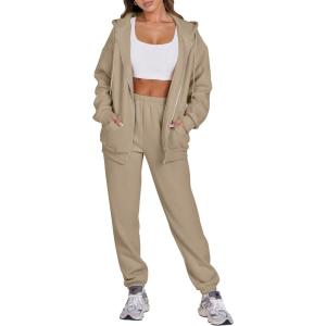 imageANRABESS Womens 2 Piece Outfits Sweatsuits Oversized Zip Up Sweatshirt Jogger Sweatpants Tracksuit Sweat Lounge Matching SetLight Khaki