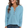 imageANRABESS Womens Long Sleeve Waffle Knit Shirts Dressy Casual Loose Button Up V Neck Henley Tops 2025 Fall Basic Tee BlouseSky Blue