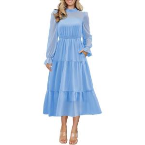 imageANRABESS Womens Fall Vacation Guest Dress 2025 Long Sleeve Mock Neck Mesh Floral Boho Flowy Casual Tea Party Midi DressesBlue